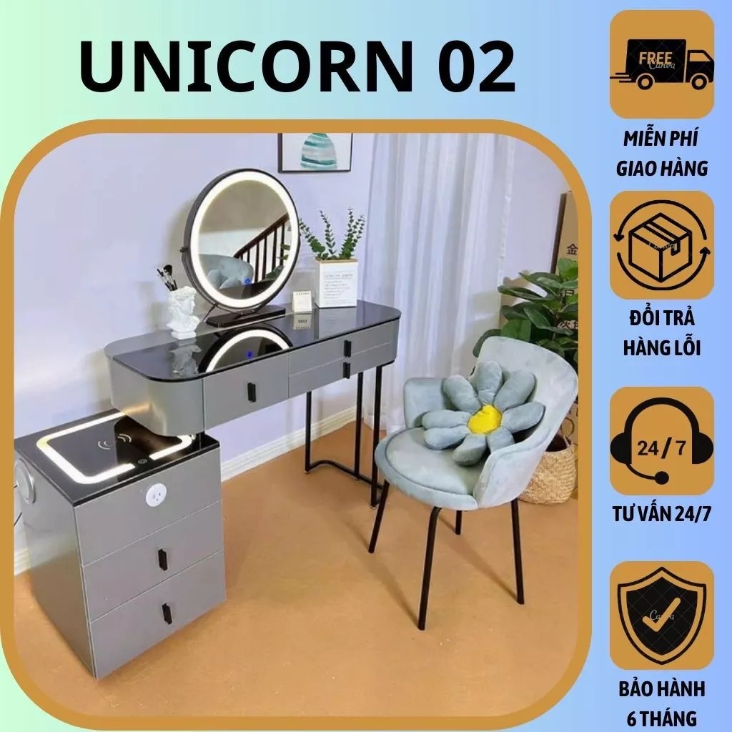 Bàn Trang Điểm Thông Minh Sạc Không Dây - Loa Bluetooth - Gương Đèn Led - Tặng kèm Ghế - Freeship