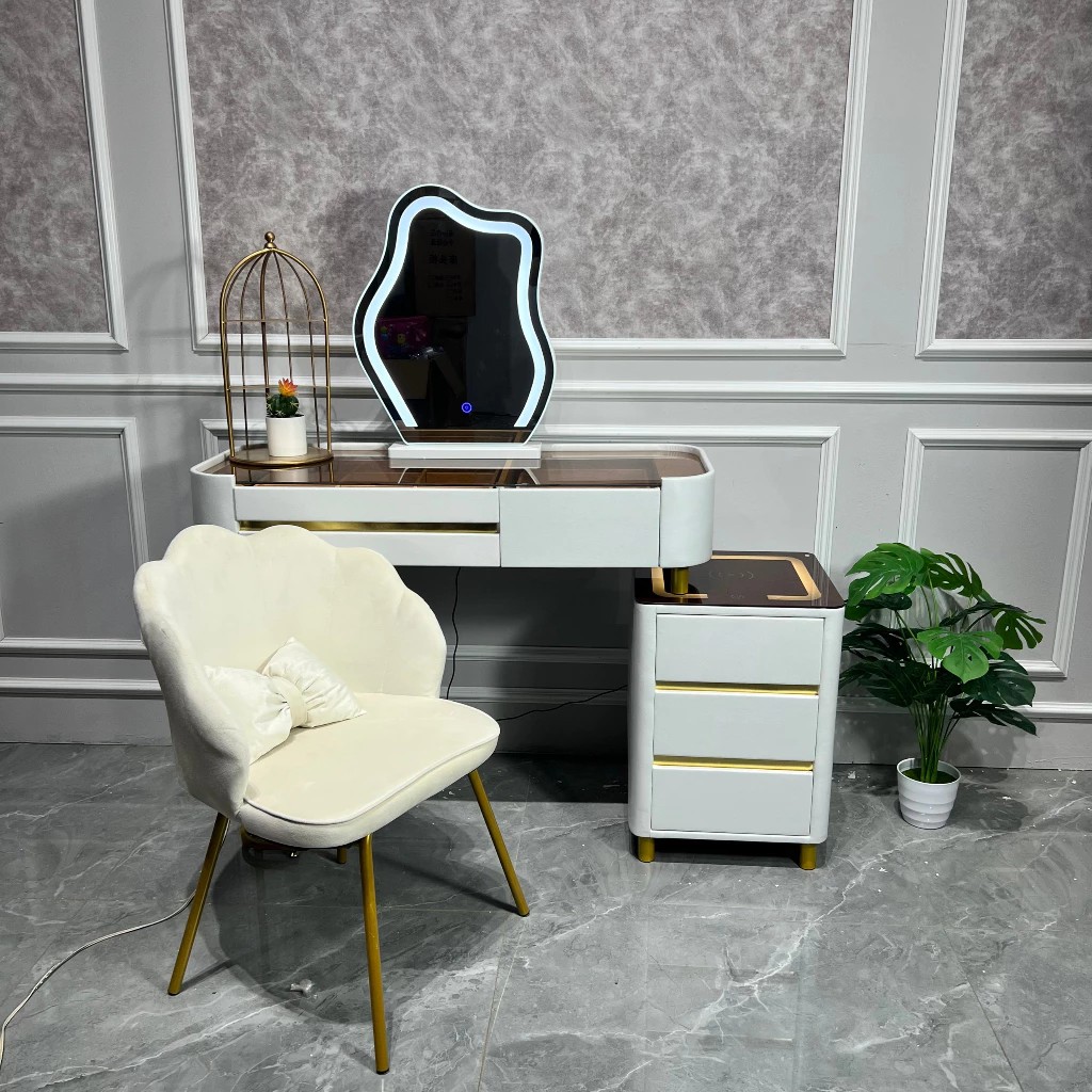 Bàn Trang Điểm Thông Minh Tích Hợp Có Sạc Không Dây - Loa Bluetooth - Gương Đèn Led - Tặng kèm Ghế