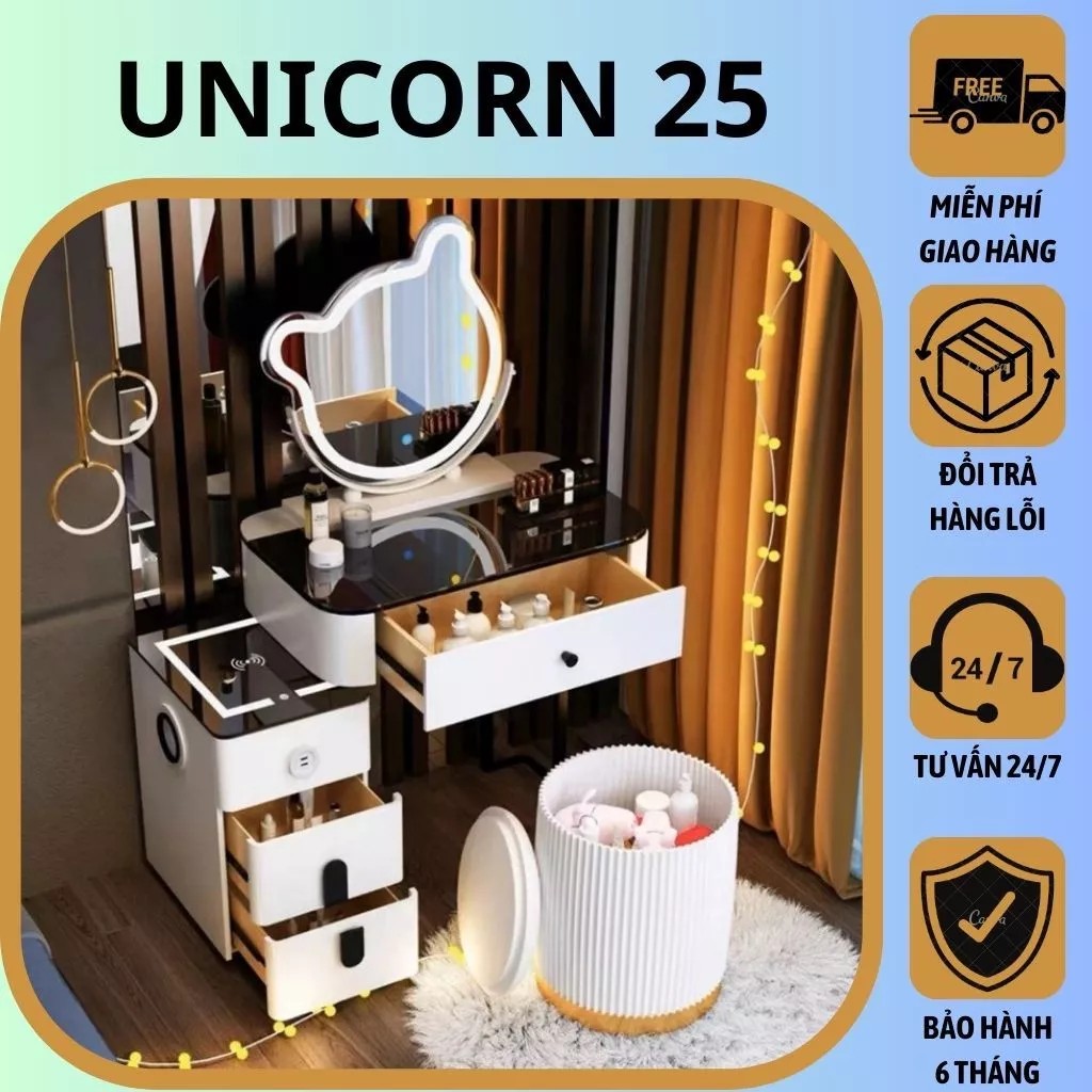 Bàn Trang Điểm Thông Minh Tích Hợp Có Sạc Không Dây - Loa Bluetooth - Gương Đèn Led - Tặng kèm Ghế