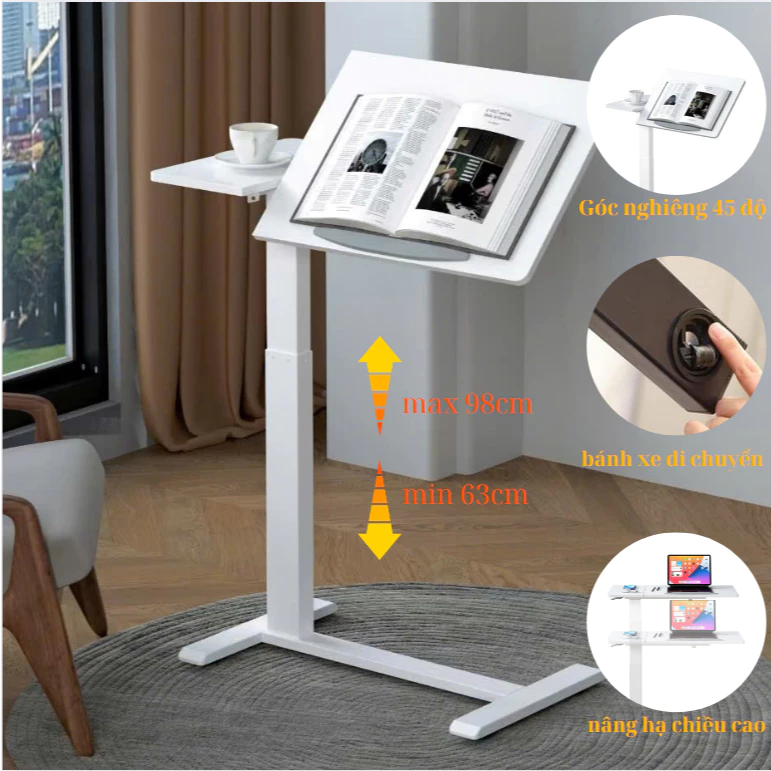 Bàn Laptop Nâng Hạ Chiều Cao thông minh. Có Bánh Xe Xoay 360 Độ. Mặt bàn có góc nghiêng. Thế hệ 2