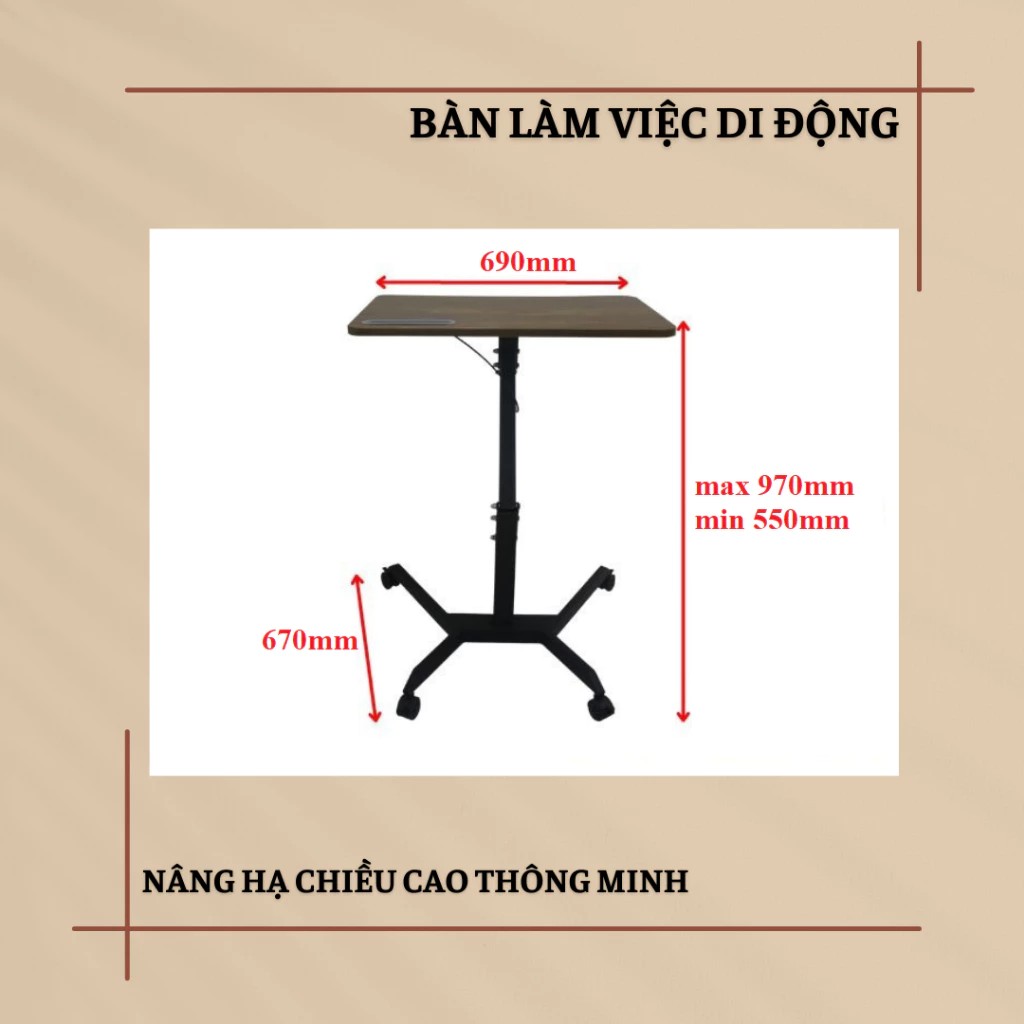 Bàn Làm Việc Di Động Thông Minh, Bàn Laptop Nâng Hạ Chiều Cao. Có Khóa Bánh Xe Xoay 360 Độ