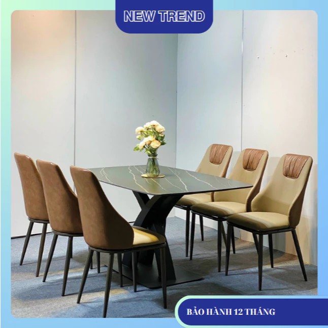 Bộ Bàn Ăn chân chữ X kép kết hợp ghế Nhập Khẩu Cao Cấp - Lắp đặt tận nhà - NEW TREND