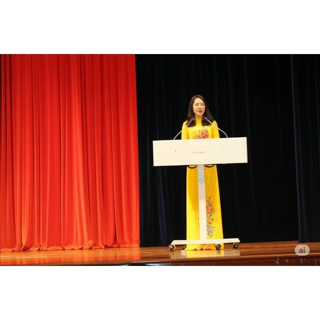 Bục phát biểu di động thông minh. Nâng hạ chiều cao thông minh, mặt bàn có góc nghiêng. Bánh xe có khóa cố định