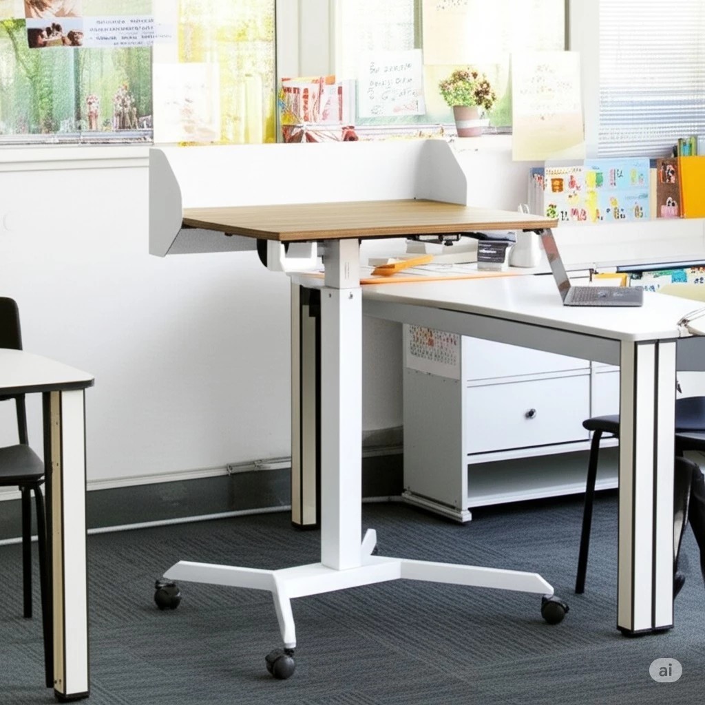 Bục phát biểu di động thông minh. Nâng hạ chiều cao thông minh, mặt bàn có góc nghiêng. Bánh xe có khóa cố định